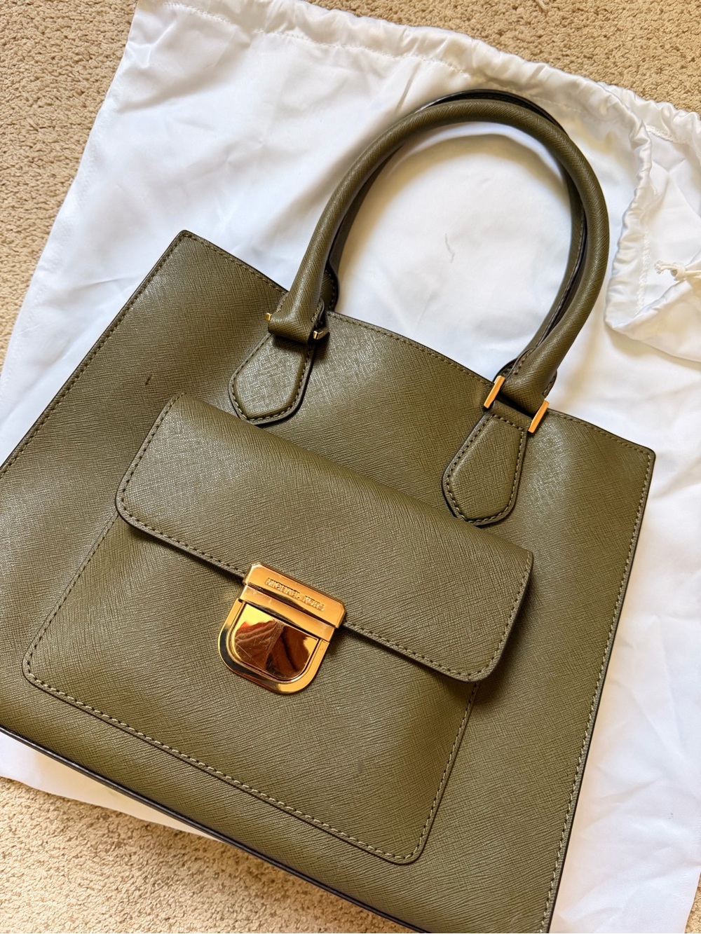 Michael Kors Olive Green Saffiano Satchel with Gold Tone Hardware
